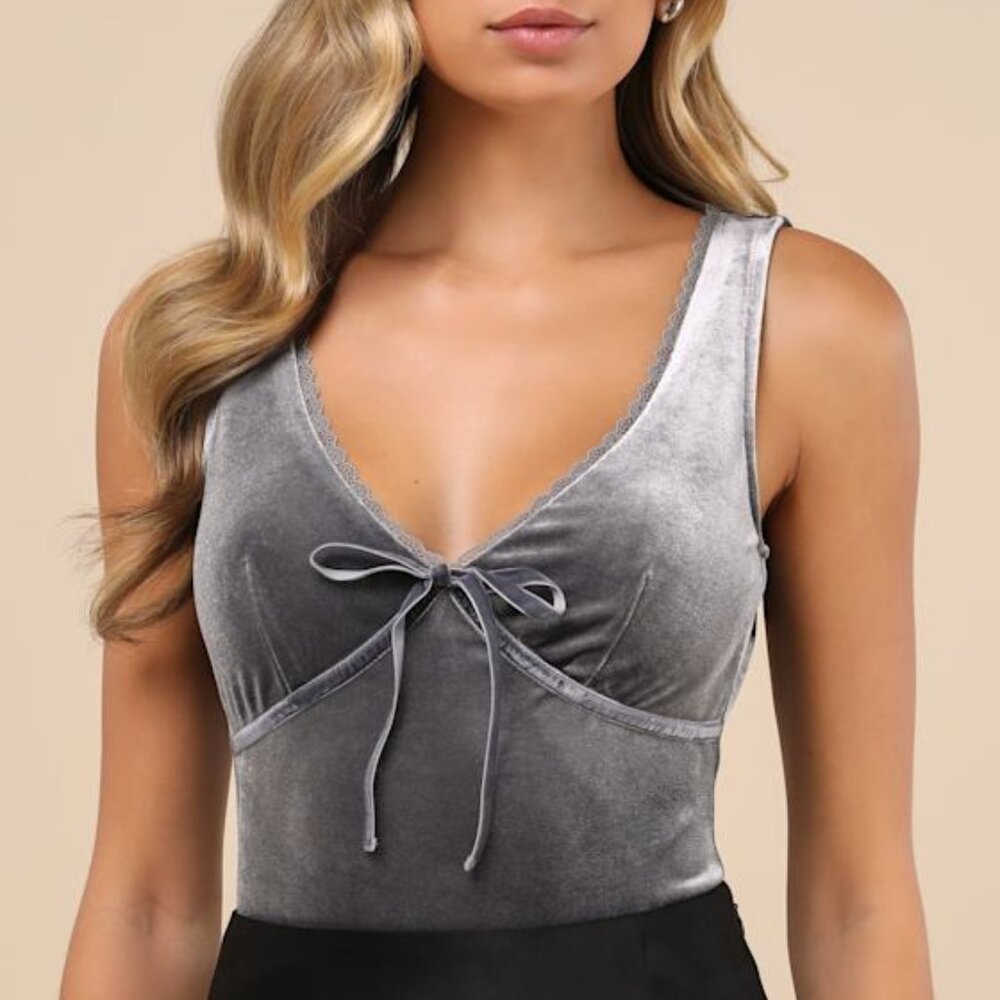 Lulus Dreamy Chicness Dark Grey Velvet Sleeveless Bodysuit - Size XS